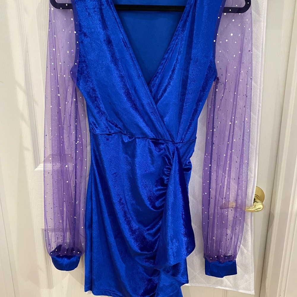 Blue Wrap Dress with Sheer Sleeves
